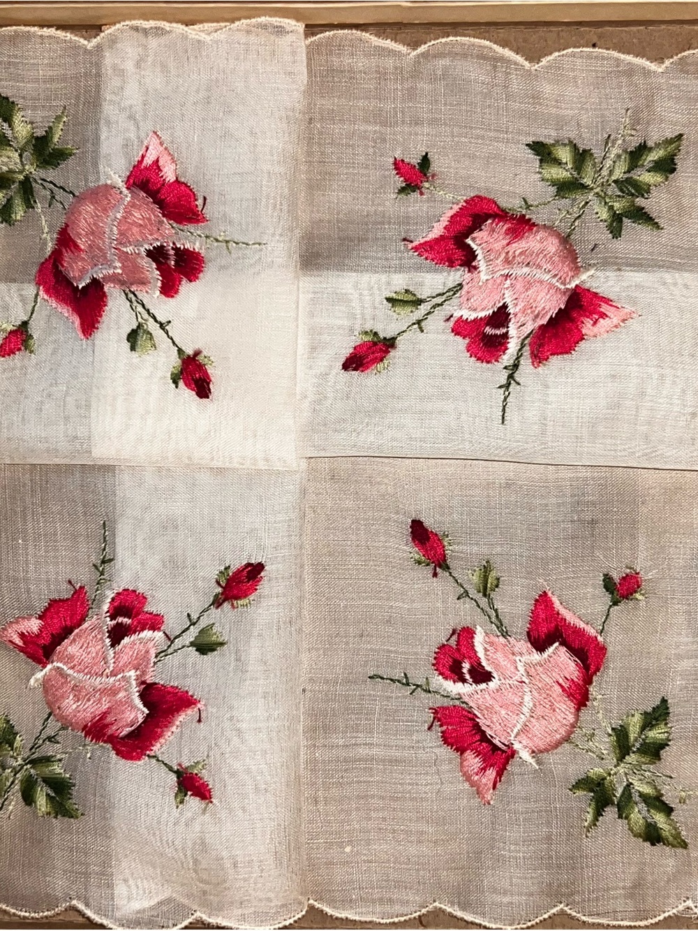 NOS Embroidered Floral Scalloped Handkerchief - Made in Switzerland Pink Roses